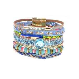 Multi-Layer Boho Blue Bracelet – Beads, Crystals & Braided Bands – Magnetic Clas